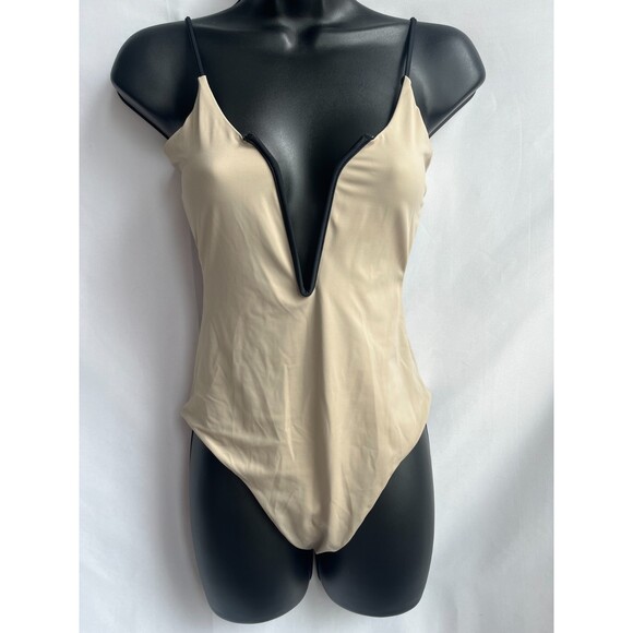 Reversible One Piece Swimsuit Black Beige Size S Plunging Open Back Minimalist - Picture 8 of 12